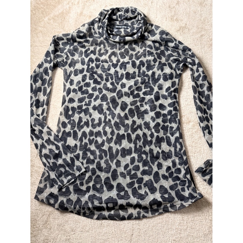 David Cline Leopard Print Sheer Mesh Turtleneck Top Set Grey XS IndieSleeze